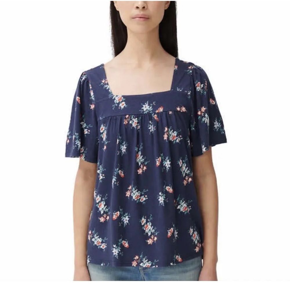 Lucky Brand Navy Blue Floral Baby Doll Top - SMALL